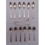 Twelve hallmarked silver teaspoons and a pair of matching tongs, approx total weight 225g