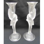 A pair of Igor Carl Faberge glass stylised frosted dove candlesticks on raised circular bases, marks
