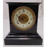 Ansonia Clock Company black enamel mantle clock, two train movement, white chapter ring and Arabic