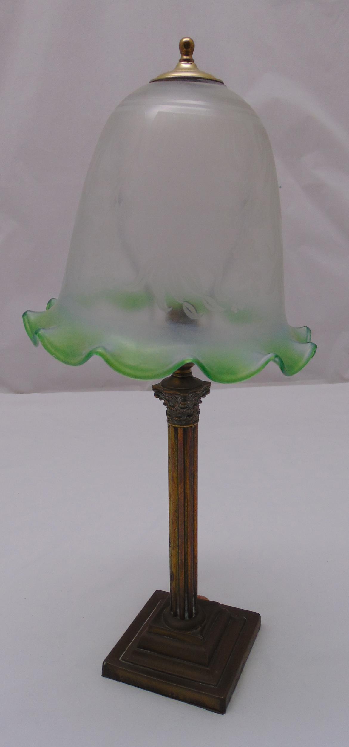 A brass corinthian column table lamp on stepped square base with coloured glass shade, 50cm (h)