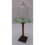 A brass corinthian column table lamp on stepped square base with coloured glass shade, 50cm (h)