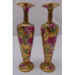 A pair of Thomas Forrister late 19th century hand painted and gilded vases, tapering cylindrical