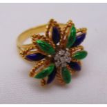 18ct yellow gold diamond and enamel cocktail ring, approx total weight 9.8g