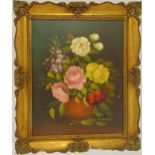 R. Rosini framed oil on canvas still life of roses, signed bottom right, 49.5 x 39.5cm