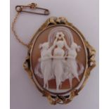 An antique cameo brooch of the Three Graces, set in a gold frame, gold tested 9ct