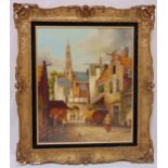 A. Dorstberg framed oil on panel of Dutch cityscape with figures in the foreground, signed bottom