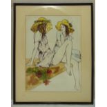 Bernard Dufour framed and glazed mixed media acrylic of two ladies wearing sun hats, signed bottom