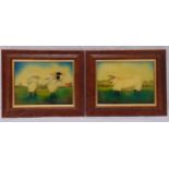 A pair of framed and glazed naive paintings on glass of rams, 20 x 27cm each