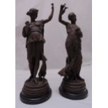A pair of spelter female classical figurines on raised circular bases, 67cm (h) A/F