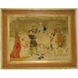 A framed rectangular tapestry of an Elizabethan scene, 63 x 85cm