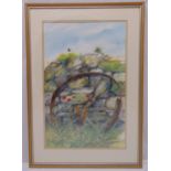 David Barber framed and glazed watercolour of a cart wheel by a stone wall, signed bottom left, 57 x