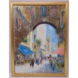 J. Pasquale framed oil on panel of a continental street scene, signed bottom right, 67.5x 50cm
