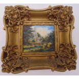 A framed oil on panel of trees and a house monogrammed bottom right DRN, 10.5 x 12cm