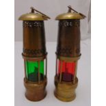 A pair of brass Naval safety lamps of pierced cylindrical form circa 1920, 28.5cm (h)