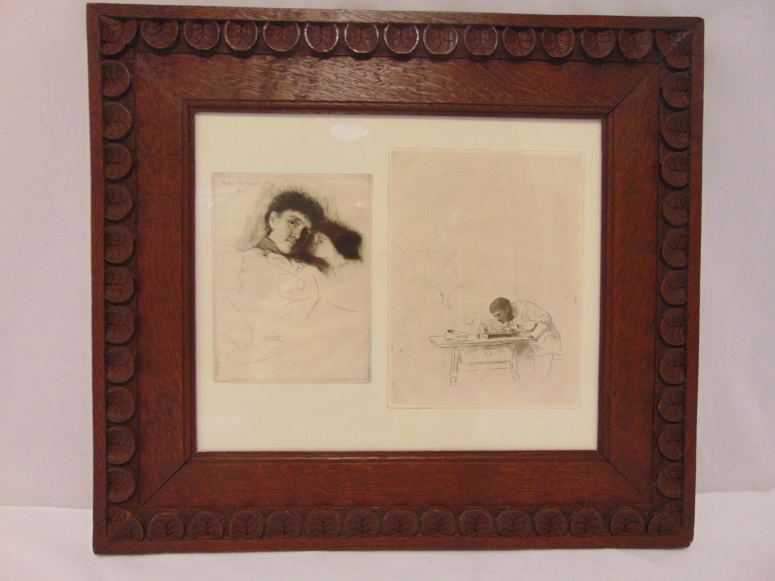 Hubert Herkomer two framed and glazed monochromatic etchings in Arts and Crafts carved frames, 25 - Image 3 of 3