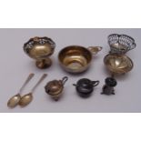 A quantity of hallmarked silver to include bonbon dishes, condiments and teaspoons and a