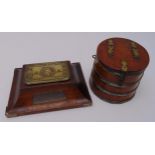 WWI trench art to include a Princess Mary Christmas 1914 tin box mounted in a rectangular wooden