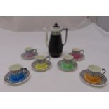 An Art Deco style coffee set, to include a coffee pot, and six coloured cups and saucers (7)