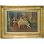 A Victorian framed oil on panel of an interior scene with figures in conversation, 35 x 50.5cm