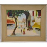 Vernon Henri framed oil on canvas of children in a market square, signed bottom right, 39 x 49.5cm