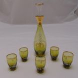 A Murano green and gilt glass Kiddush set to include a decanter with five matching Kiddush cups