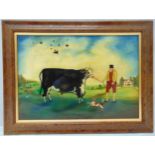A framed and glazed naive painting on glass of a prize bull with it s farmer, 33.5 x 48cm