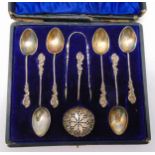 A cased set of hallmarked silver teaspoons, sugar tongs and a caddy spoon, approx total weight 61g