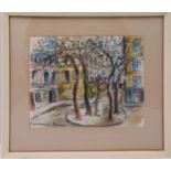 A framed and glazed watercolour of a Parisienne street scene, indistinctly signed bottom left, 24