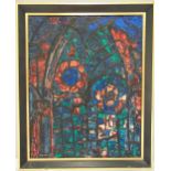 S. Sutton framed oil on panel of a stained glass window, signed bottom left, 50 x 39.5cm