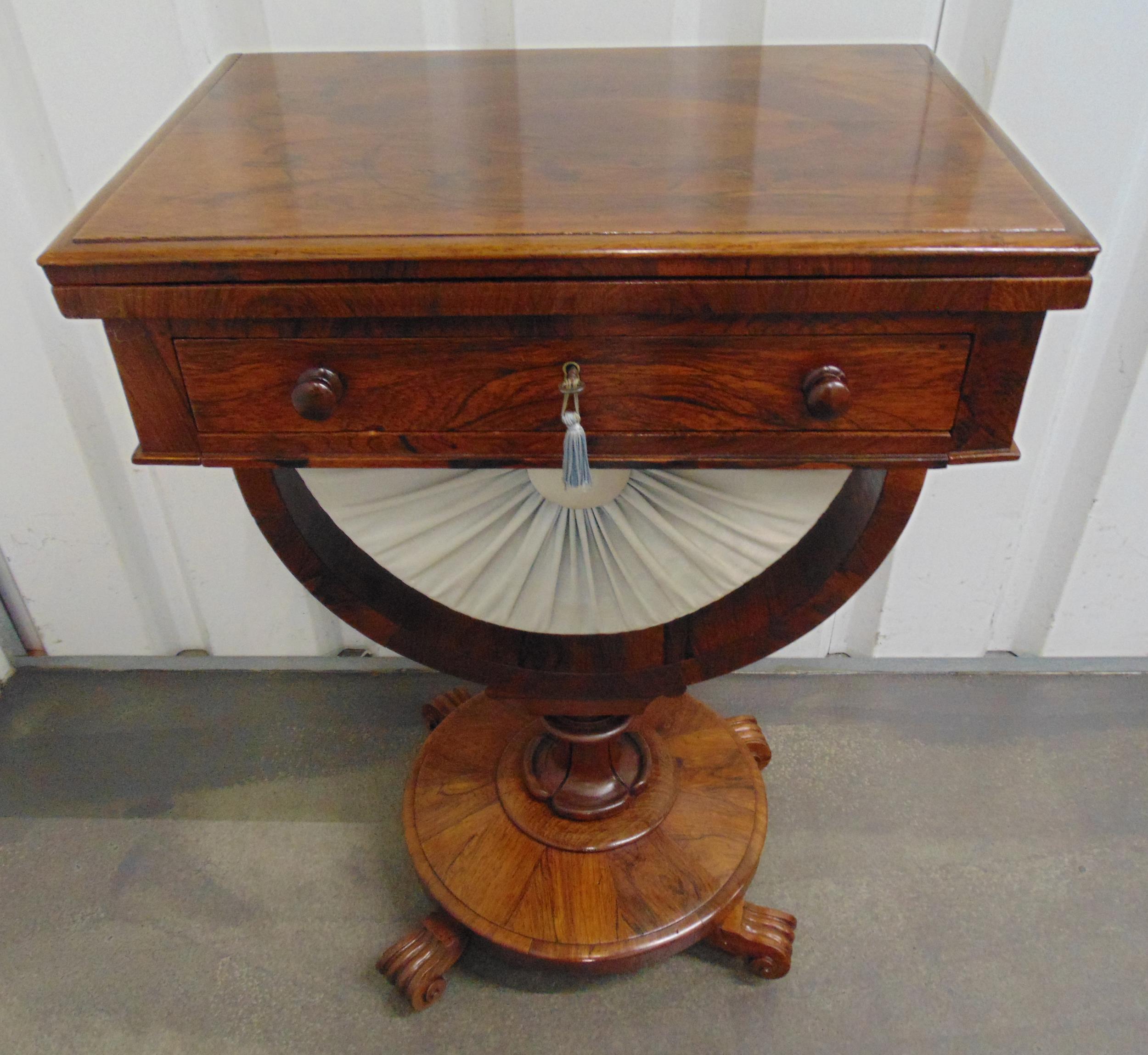 A Victorian mahogany sewing table cum games table on raised circular base with scroll feet, 75 x