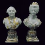 Marie Antoinette and Louis XVI Sevres porcelain busts on raised mounted plinth, marks to the base,