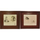 Hubert Herkomer two framed and glazed monochromatic etchings in Arts and Crafts carved frames, 25