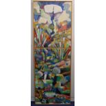 Jonathan Kingdon framed oil on canvas polychromatic abstract titled Steep River Course,