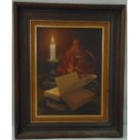 George J. Bailey framed oil on canvas still life of a candle, kettle and a book, signed bottom