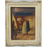 R. Long framed oil on canvas of a Dutch interior scene, signed bottom right, 39.5 x 29.5cm