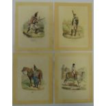 Four 19th century polychromatic etchings of soldiers in regimental uniforms, 21 x 15cm each