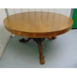 A Victorian mahogany circular tilt top table on three outswept scroll legs, 73 x 137cm