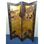 An oriental four panel rectangular double sided screen depicting pavilions with figures in a