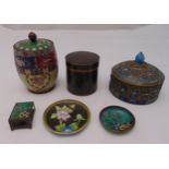 A quantity of Cloisonn‚ to include two dishes, a match striker box, two covered pots and a brass and