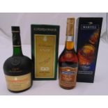 Courvoisier cognac 1 litre in original packaging and Martell cognac 70cl in original packaging
