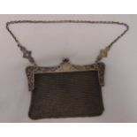 A white metal mesh ladies evening bag stamped sterling, approx total weight 211g