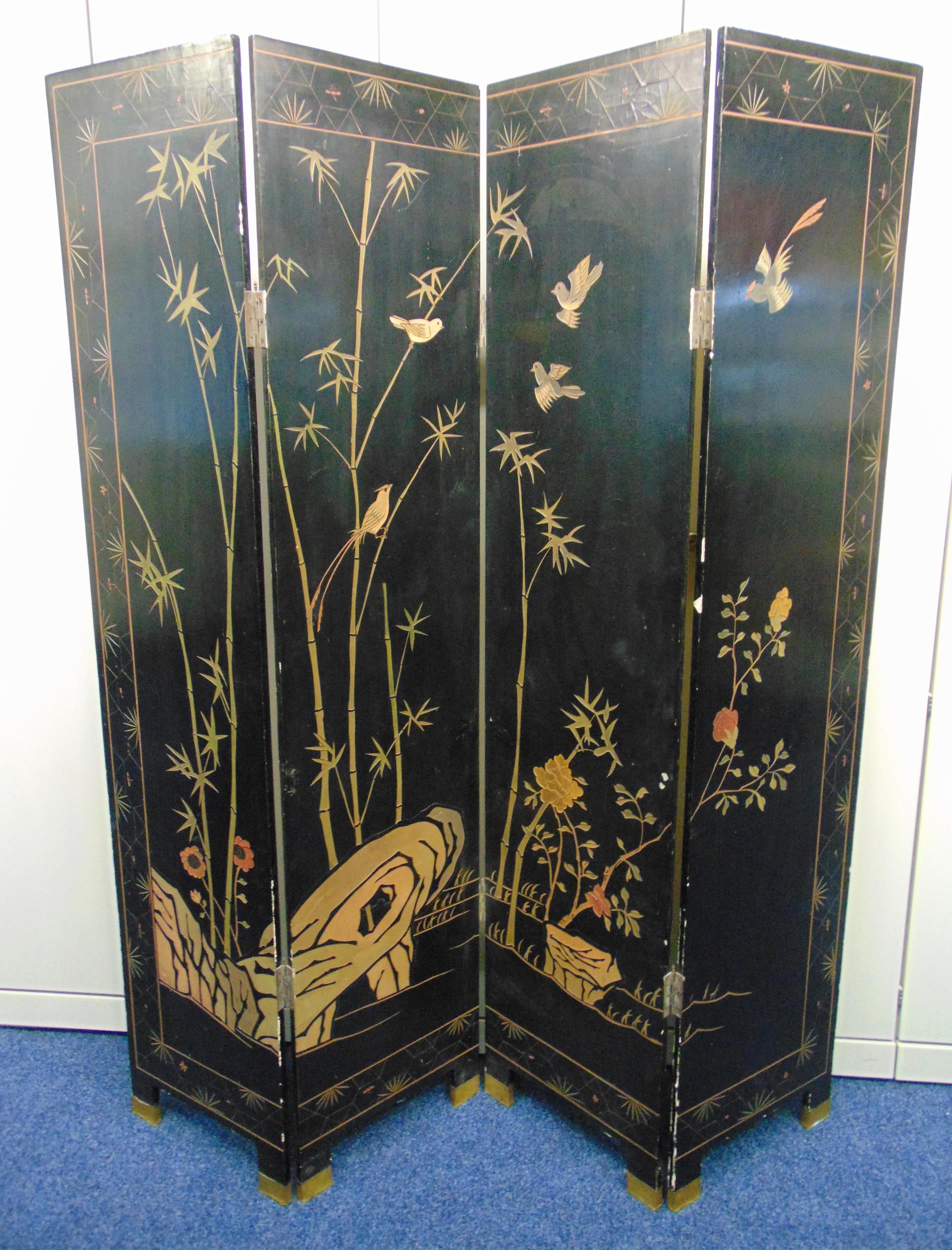 An oriental four panel rectangular double sided screen depicting pavilions with figures in a - Image 2 of 2