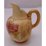 Royal Worcester Blush Ivory jug decorated with flowers, leaves and gilded scroll handle, 15.5cm (h)