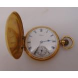 A Waltham 18ct yellow gold full hunter pocket watch, white enamel dial with Roman numerals and