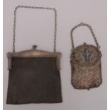 A white metal ladies mesh evening bag and another white metal ladies evening bag set with turquoise