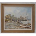 Bert Wright framed oil on panel of sailing boats on a muddy foreshore, label to verso, 48.5 x 59cm