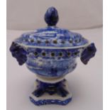 A Copeland Spode blue and white potpourri holder of vase form, raised pull off cover on shaped