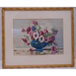 Tom Campbell framed and glazed watercolour still life of flowers in a vase, signed bottom left, 26 x