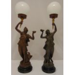 A pair of spelter figurine table lamp stands in the form of classical females, supporting torches