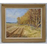 Bert Wright framed oil on canvas of a field and trees, label to verso, 49.5 x 60cm